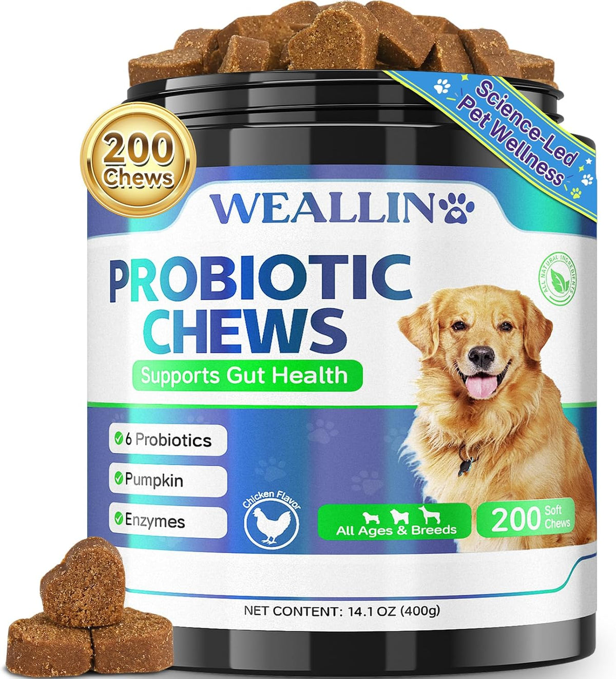 Probiotics for Dogs, Dog Probiotics for Yeast, Itchy Skin and Itchy Ears | WEALLIN Dog Probiotic Chews for Gut & Digestive Support, Diarrhea & Gas Treatment with Digestive Enzyme, Prebiotics & Pumpkin