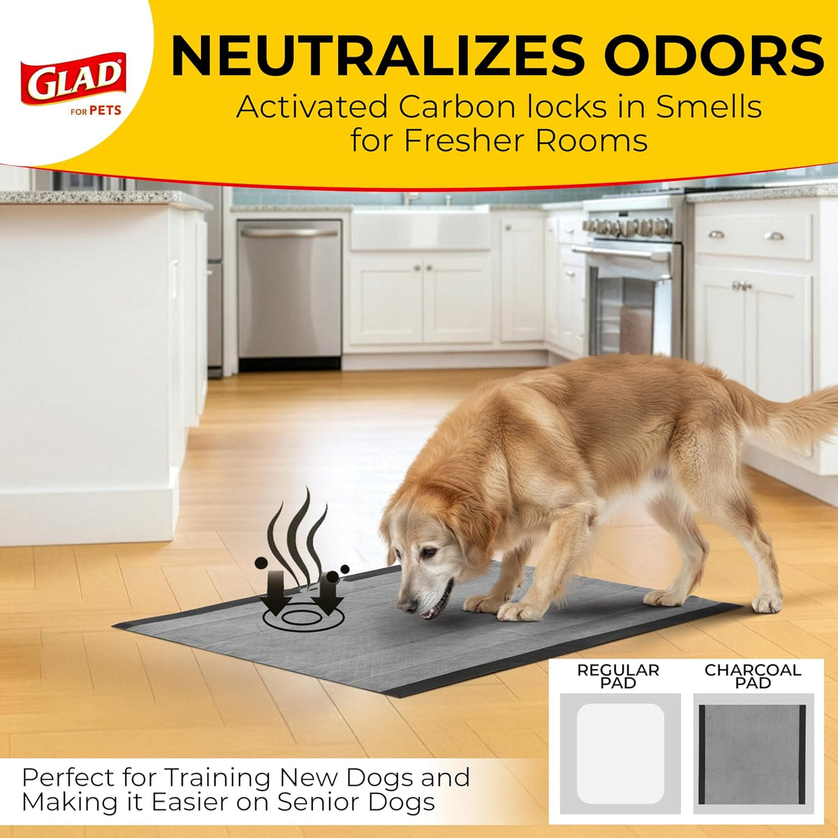 Glad for Pets Activated Carbon Disposable Dog Training Pads, 100 Count | Ideal for puppies, senior dogs, incontinence, and post-surgery, ultra-absorbent, keeps floors & crates dry, 23 x 23 in