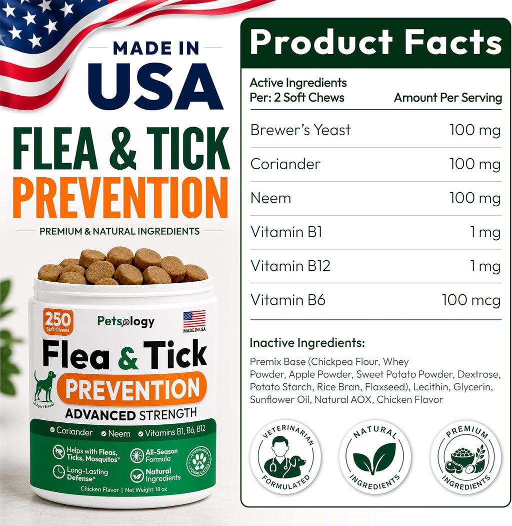 Flea and Tick Prevention for Dogs Pills - 250 Chews - Flea & Tick Control | Natural Dog Oral Defense Treatment Supplement - Vet Formulated Chews - All Breeds & Ages - Immune Support - Made in USA