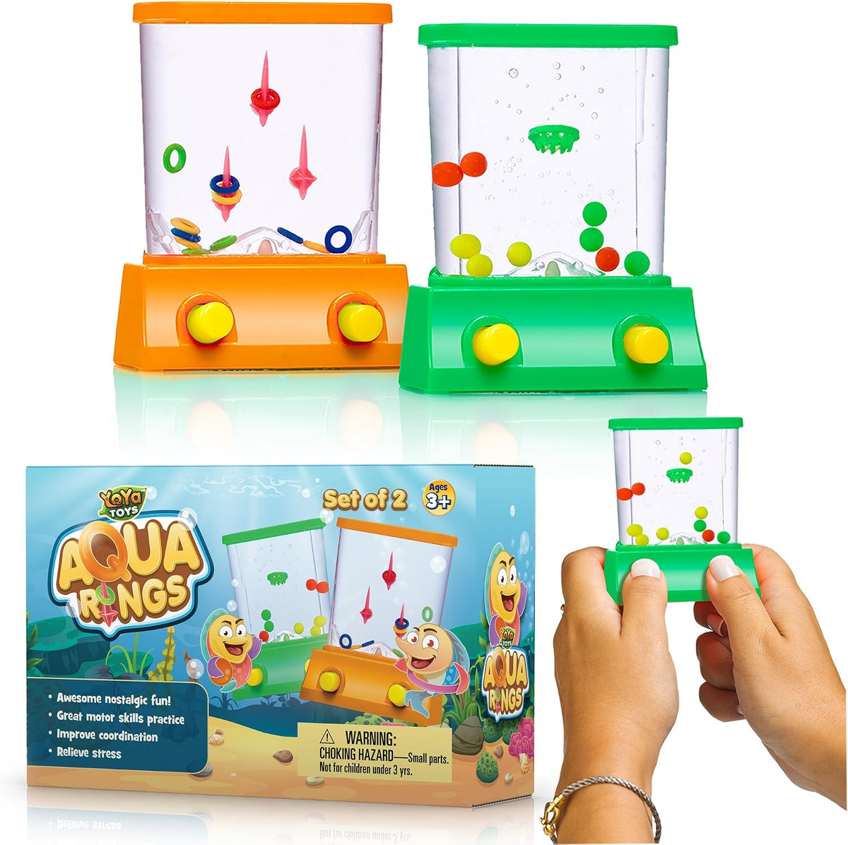 YoYa Toys Aqua Rings Handheld Water Game - Set of 2 - Water Ring Toss and Basketball Hoop Toy - Gift for Ages 3 4 5 6 7 8 9 - Nostalgic 80's 90's Retro Mini Games - Fun Car Road Trip Travel Activities