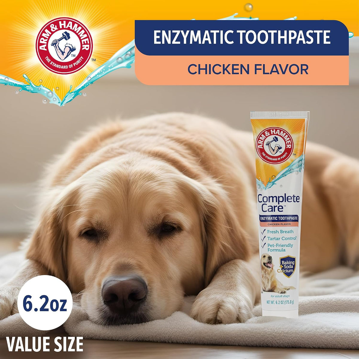 Arm & Hammer Complete Care Enzymatic Dog Toothpaste, Chicken, 6.2 Oz | Fluoride-free formula with baking soda and calcium fights plaque and tartar, freshens breath, value size