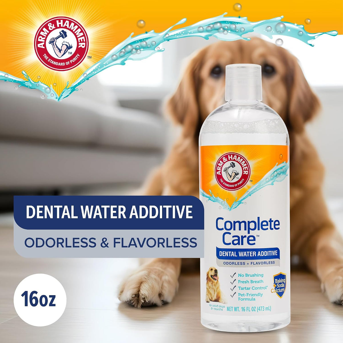 Arm & Hammer Complete Care Dog Dental Water Additive, 16 Fl Oz | Odorless, flavorless daily formula with baking soda and calcium fights plaque, tartar, and bad breath