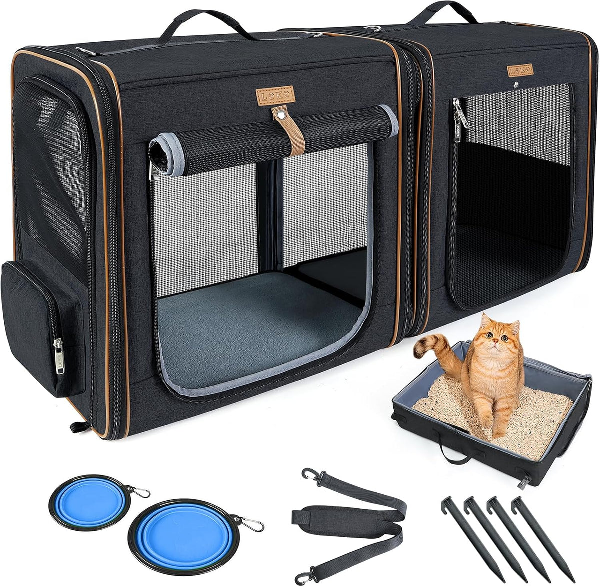 Lekereise Large Cat Carrier for 2 Cats, 2-in-1 Cat Travel Carrier with Litter Box, (17.7" x2) x16.5"x13" Pet Carrier with Zipper Locks for Moving Across The Country (No Hammock) - Grey