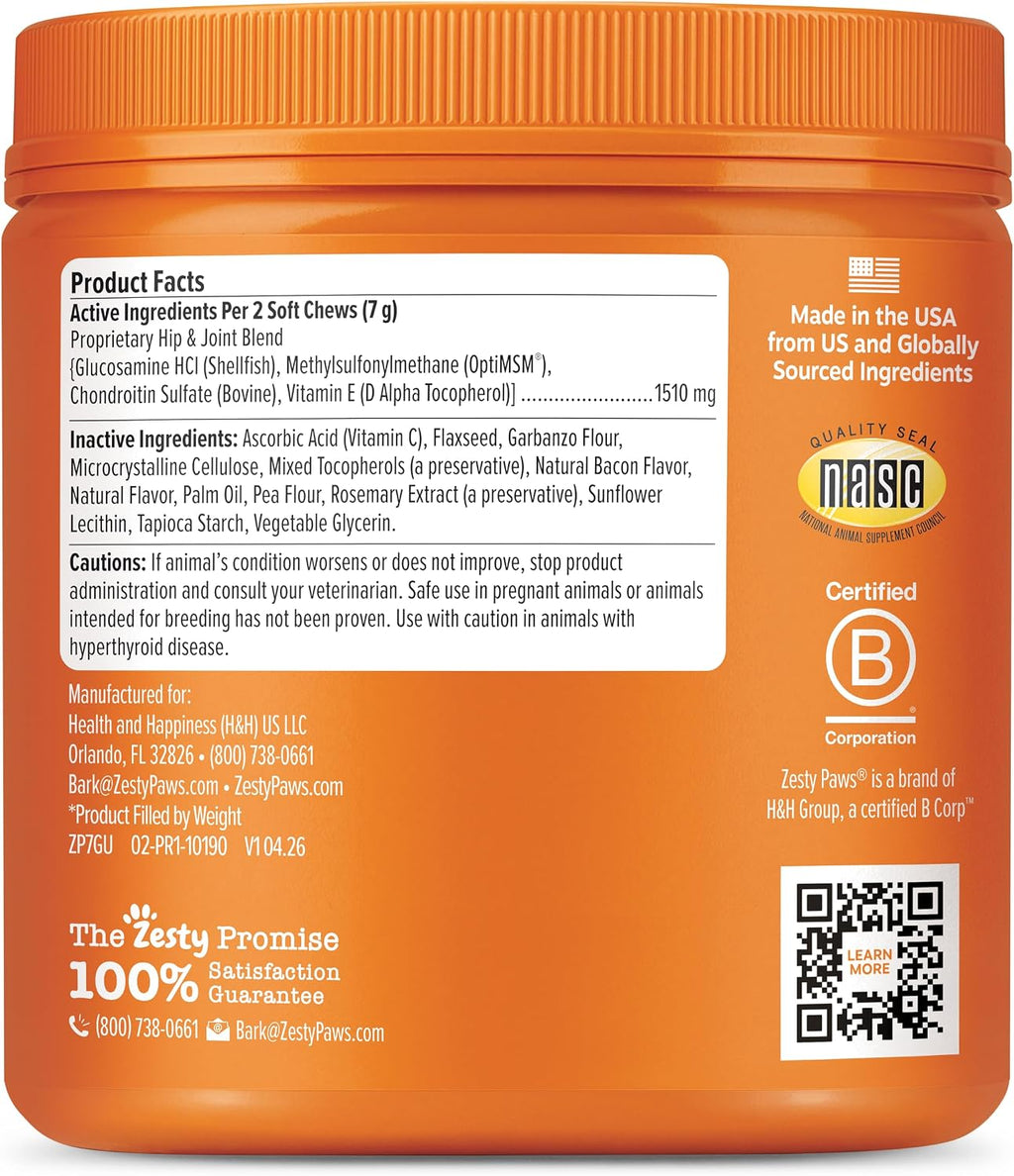 Zesty Paws Glucosamine for Dogs - Dog Joint Supplement, Bacon, 90 Ct