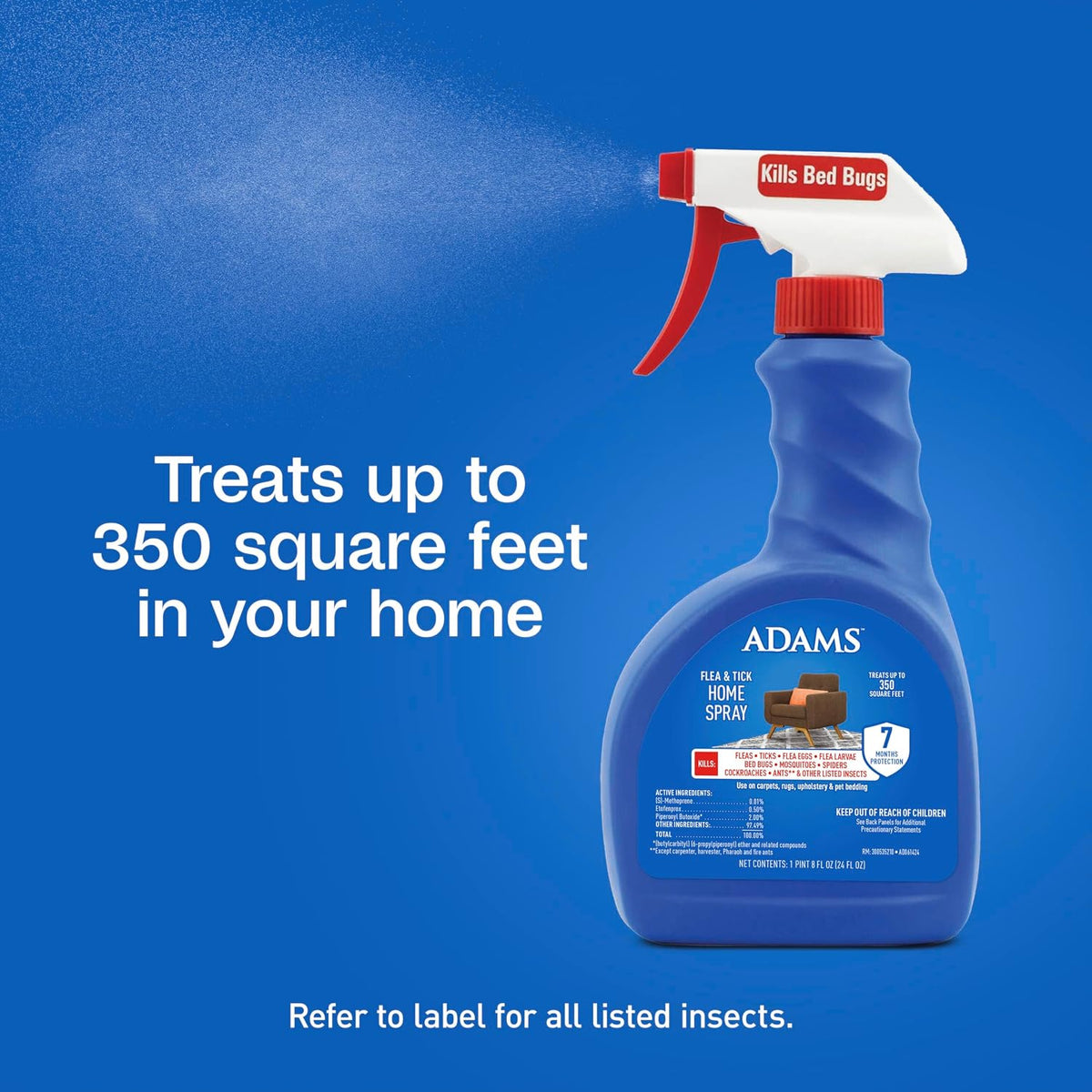 ADAMS Flea & Tick Home Spray for Bed Bugs, Fleas & Ticks, 24 oz | Flea spray for home indoor, up to 7 months, for carpet, furniture and pet bedding