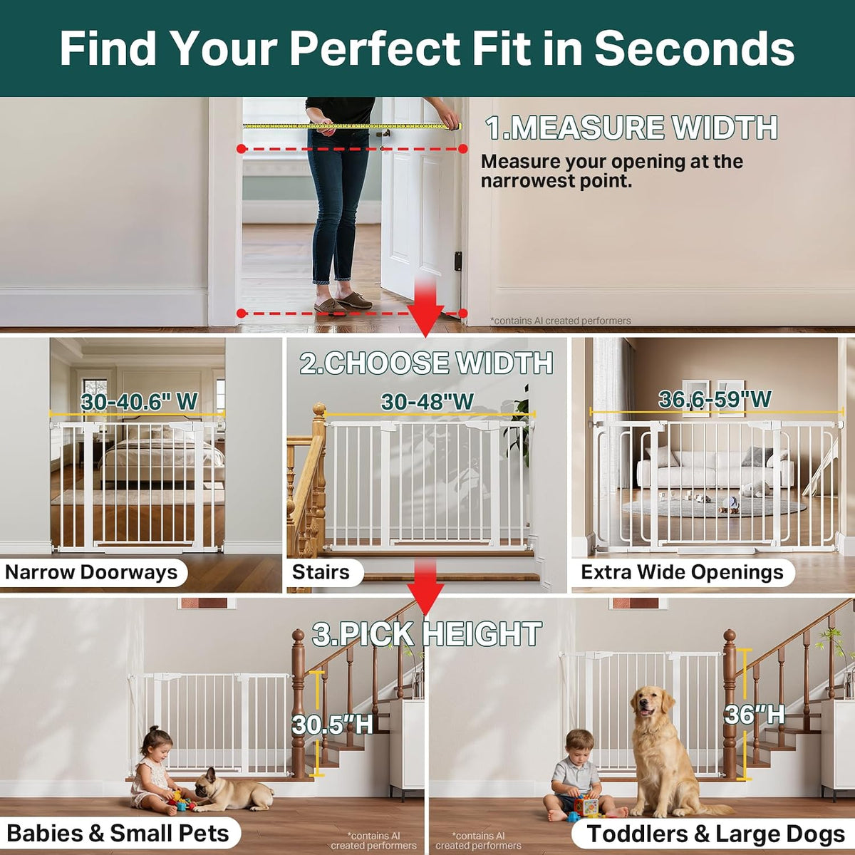 Cumbor 30-48 in Baby Gate for Stairs, Auto Close Dog Gate Indoor, White