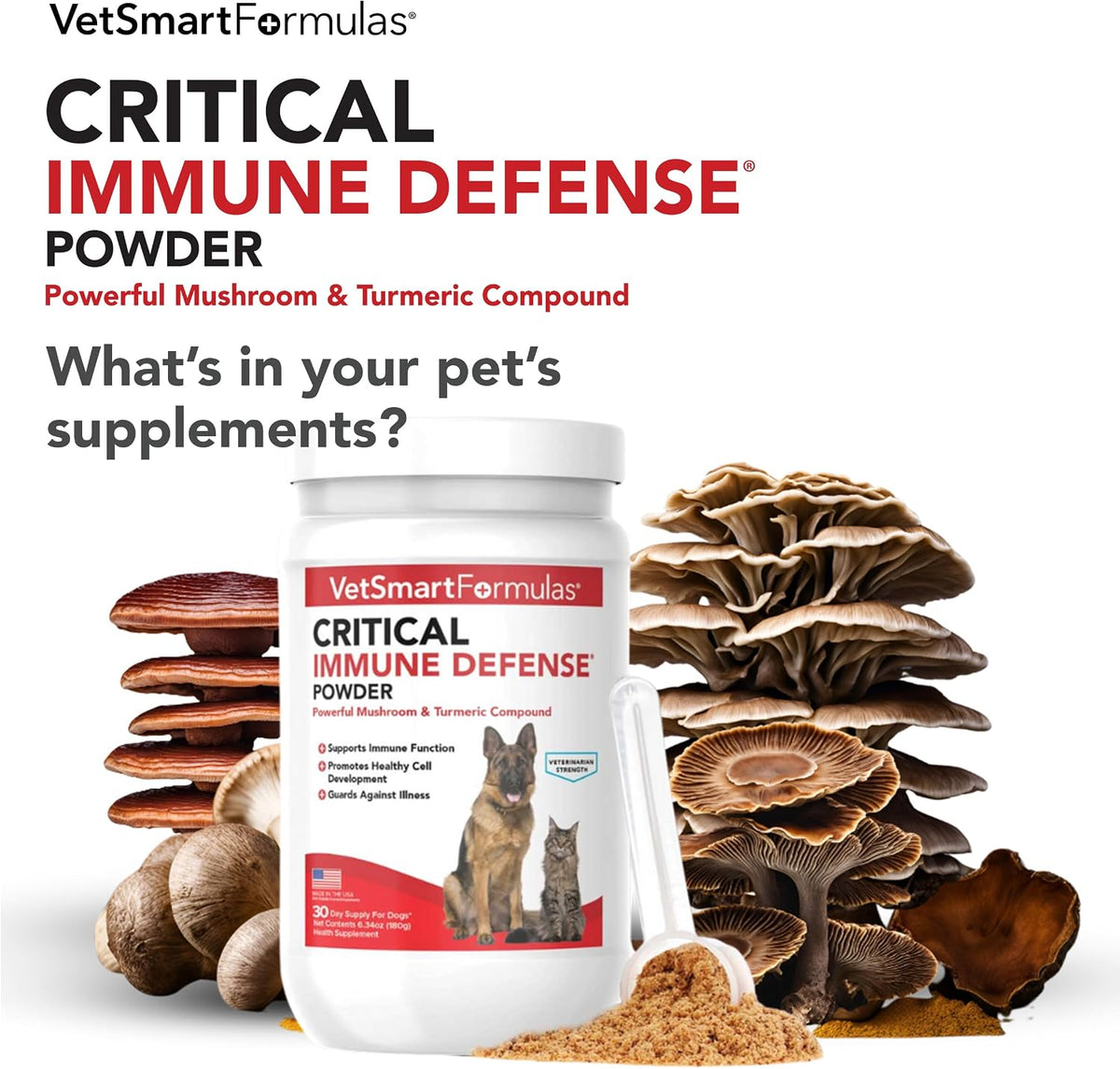 Critical Immune Defense for Dogs & Cats; Supports Normal Cell Growth - Turkey Tail, Reishi, Shiitake and Maitake Mushroom Formula with Patented White Turmeric Root Extract - 30-Day Supply