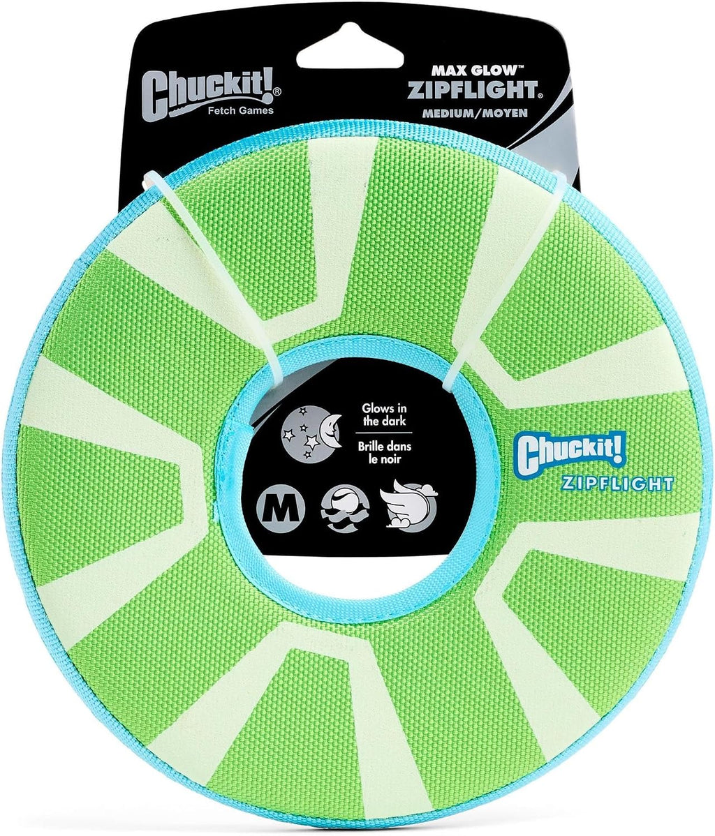 Chuckit! Max Glow Zipflight Flying Disc Dog Toy, Floats, Medium, 8.5in | Water-Floating Flyer Made with Durable Polyester Construction for Beach and Pool Play; Sized for Medium and Large Dogs