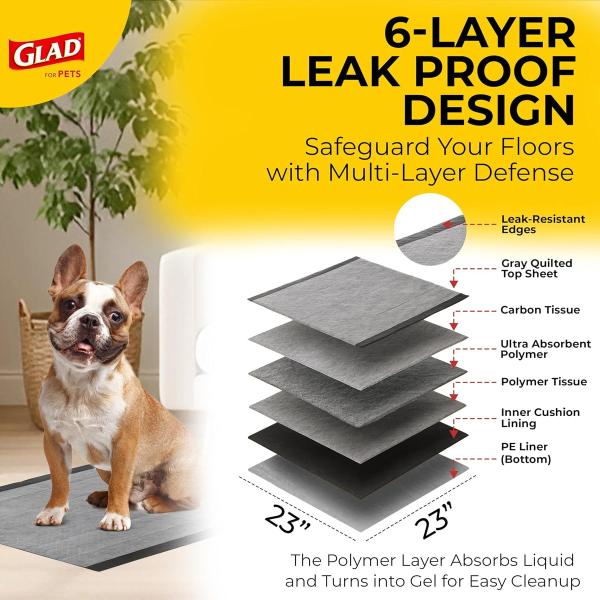 Glad for Pets Activated Carbon Disposable Dog Training Pads, 100 Count | Ideal for puppies, senior dogs, incontinence, and post-surgery, ultra-absorbent, keeps floors & crates dry, 23 x 23 in