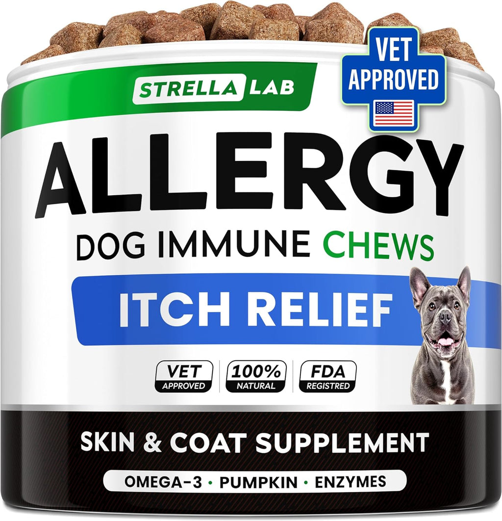 Dog Allergy & Itching Relief - Anti Itch, Skin&Coat Support Chews w/Omega 3 | Made in USA - Immune Supplements, Treats for Dogs Health w/Fish Oil for Irritated & Dry skin - Developed by Experts, 60 Ct