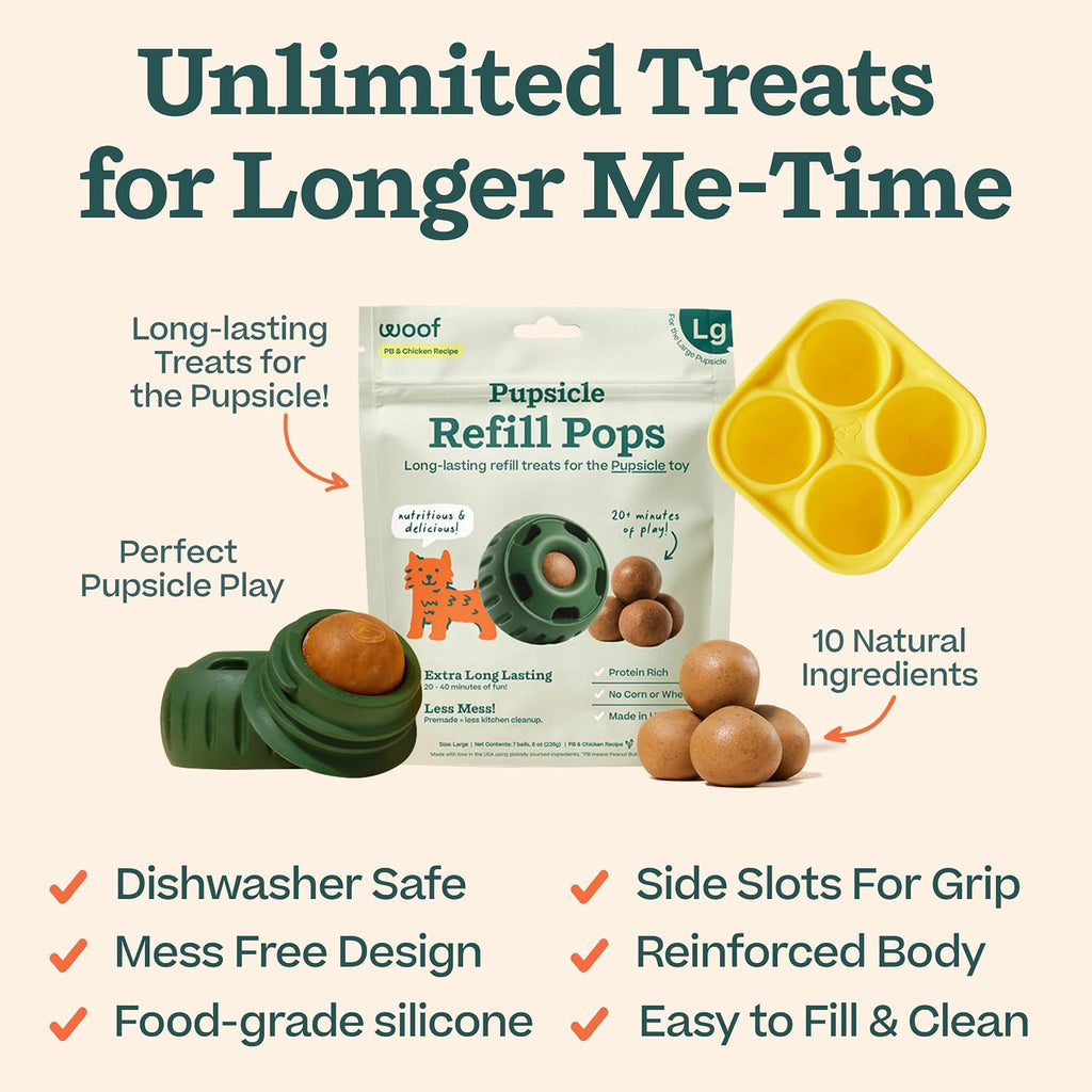 WOOF Starter Pack Dog Treat Toy for Large Dogs 25-75 lbs | Long-lasting enrichment kit, Pupsicle toy included, reusable treat mold, chicken Pops, DIY frozen treats