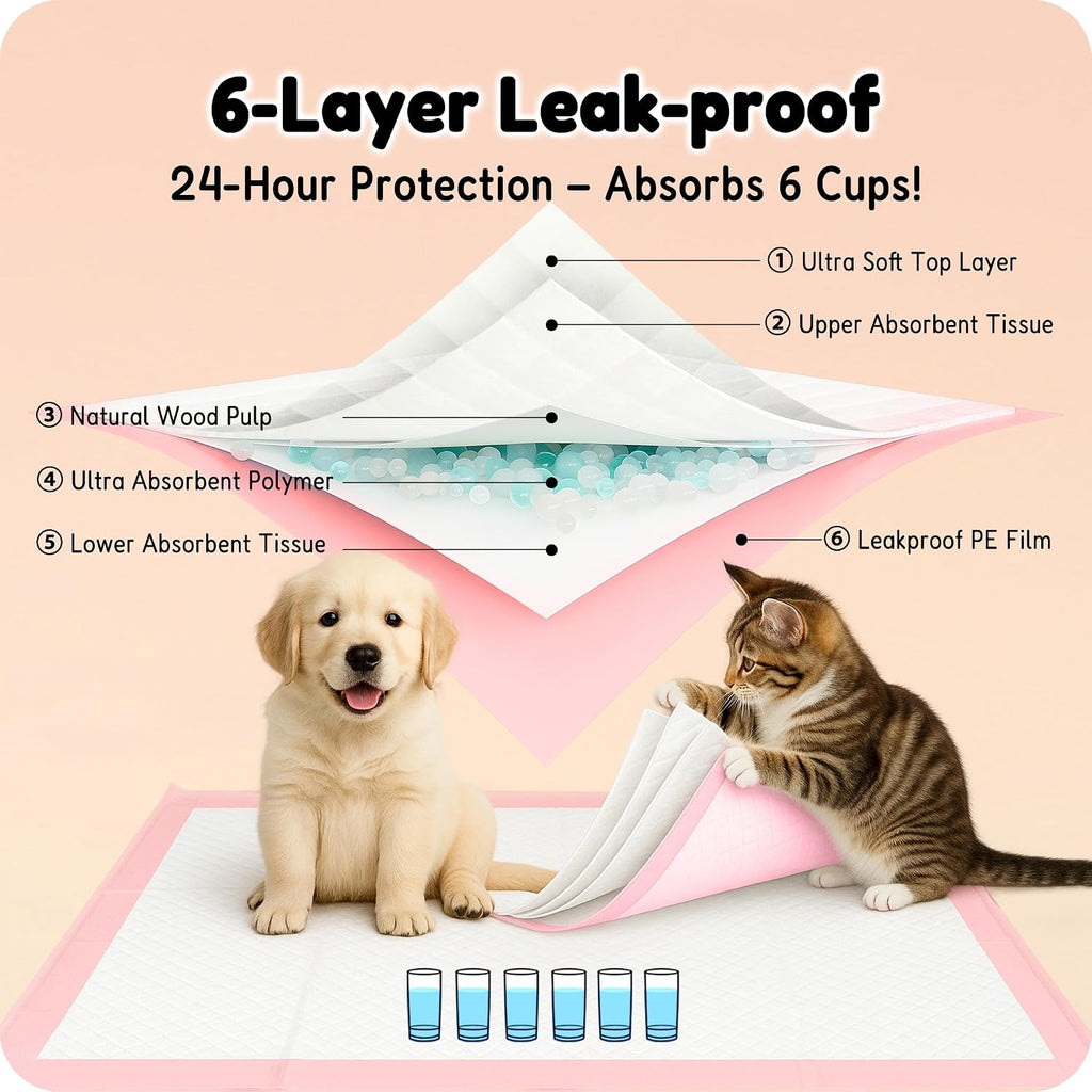 MoMoCo 23x23 Pink Puppy Pads 100ct, 6-Layer Dog Pee Pads for Small Dogs