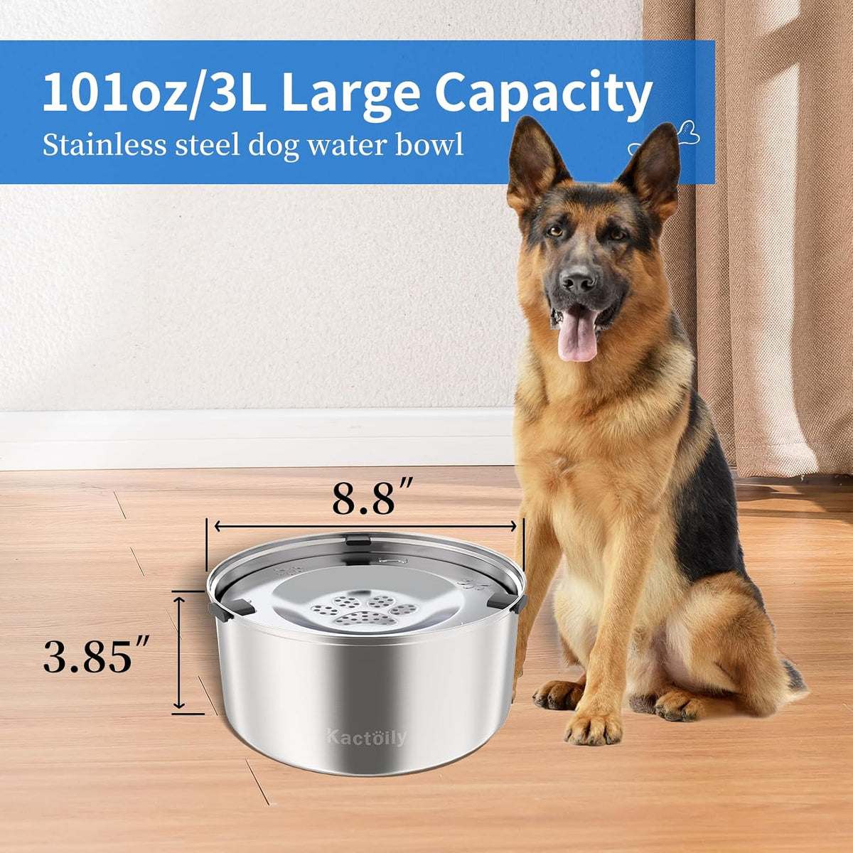 Kactoily 3L/101oz Dog Water Bowl Stainless Steel Slow Water Bowl for Dog | No-Spill Slow Drinking Water Bowl for Medium Large Dogs, Spill Proof Dog Water Bowl for Home, Vehicle and Travel Use