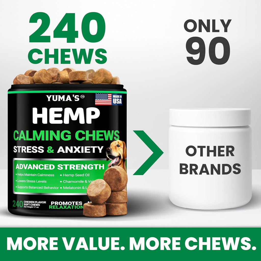Hemp Calming Chews for Dogs - 240 Treats - Advanced Dog Calming Chews | Dog Anxiety Relief Supplement with Melatonin - Sleep Aid, Separation, Barking, Stress & Travel - Joint Support - Made in USA