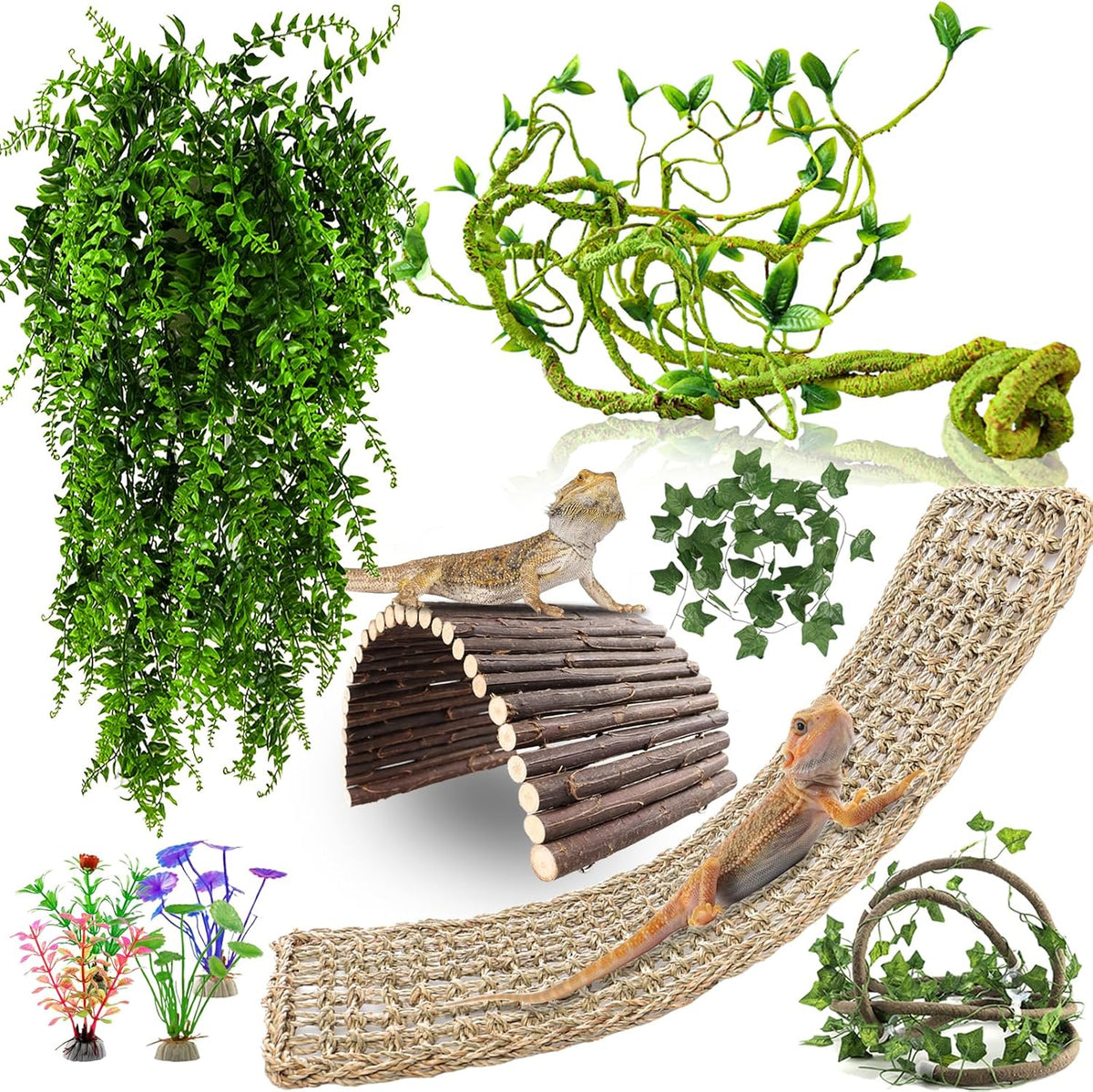 RUNANIA Bearded Dragon Tank Accessories, 10 PCS Reptile Hammock Plants Bridge Jungle Climber Vines for Snakes Bearded Dragon Chameleon Gecko Lizard