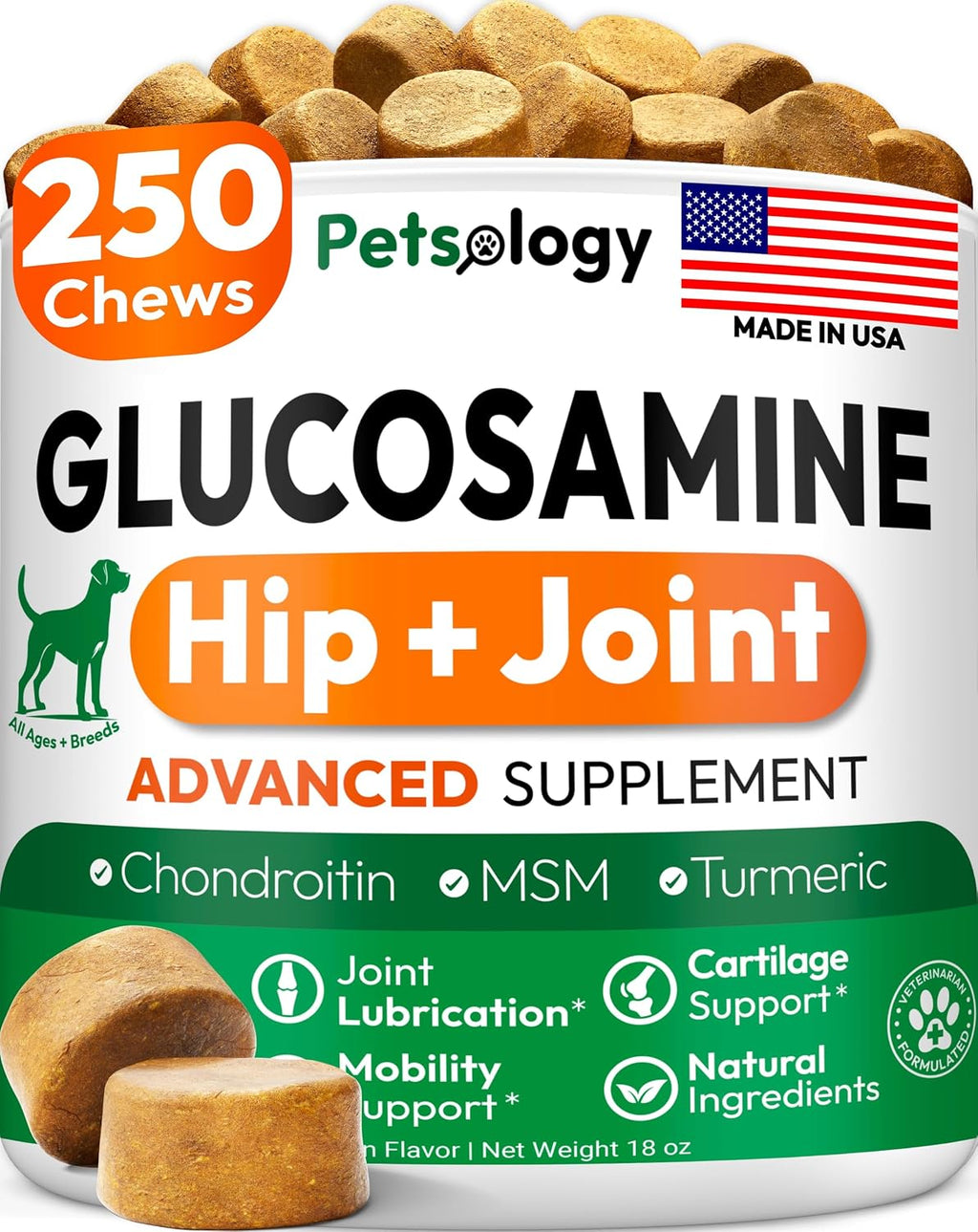 Glucosamine for Dogs - 250 Chews with Chondroitin, Hip and Joint Supplement | MSM - Turmeric - Omega 3 - Joint Pain Relief - Advanced Dog Health Support for Large, Medium & Small Breeds - Made in USA