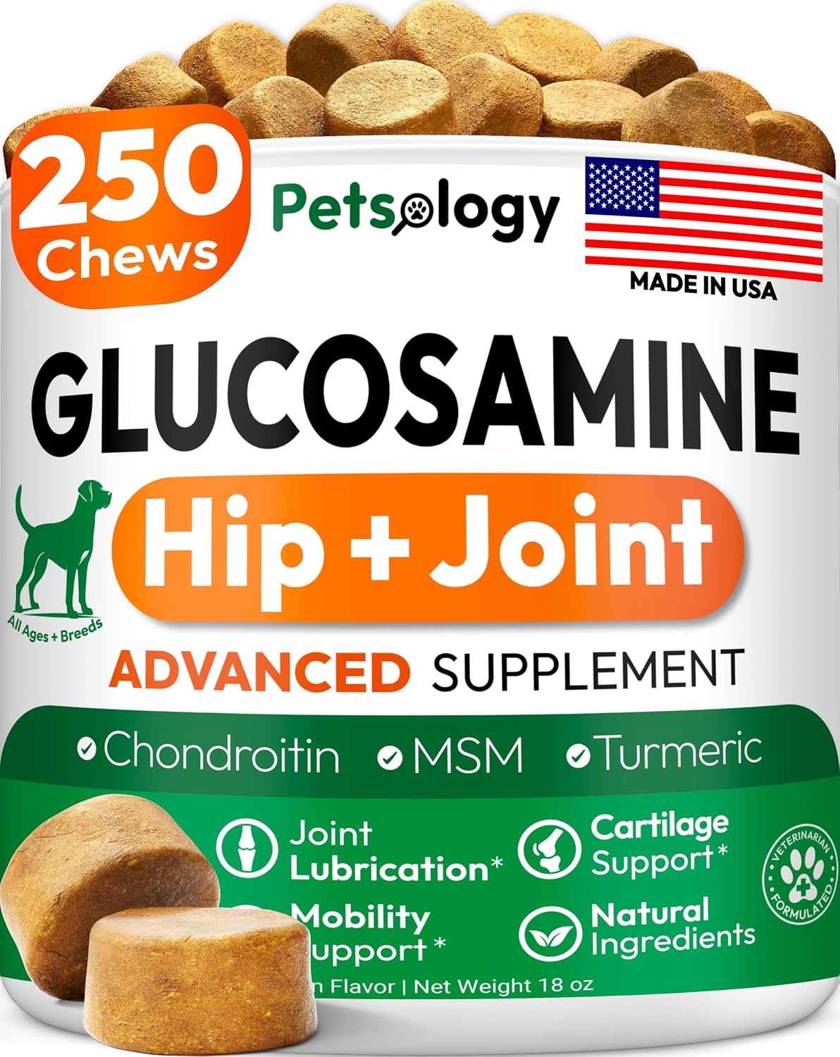 Glucosamine for Dogs - 250 Chews with Chondroitin, Hip and Joint Supplement | MSM - Turmeric - Omega 3 - Joint Pain Relief - Advanced Dog Health Support for Large, Medium & Small Breeds - Made in USA
