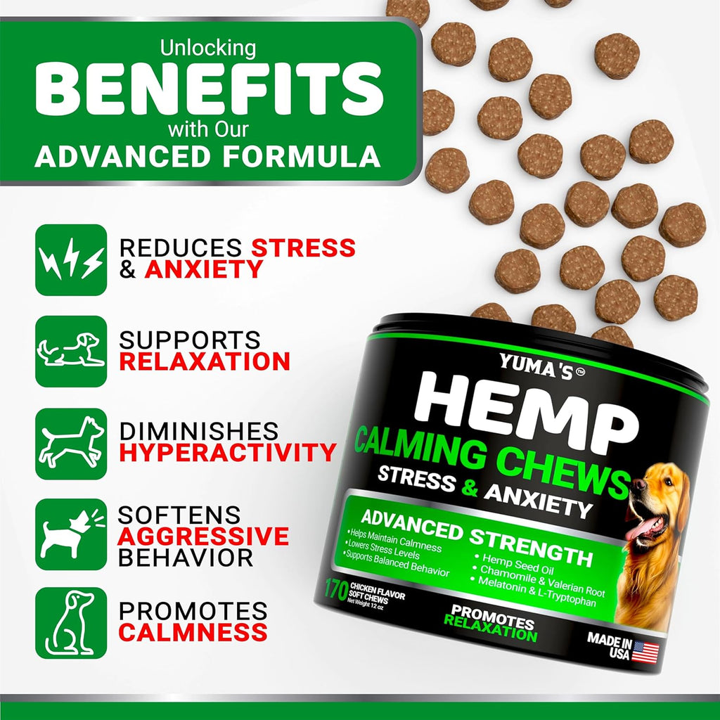 Hemp Calming Chews for Dogs - 170 Chews - Advanced Dog Calming Chews | Dog Anxiety Relief Treats - Separation, Barking, Stress & Thunderstorms - Melatonin, Hemp Oil, Valerian Root - Made in USA