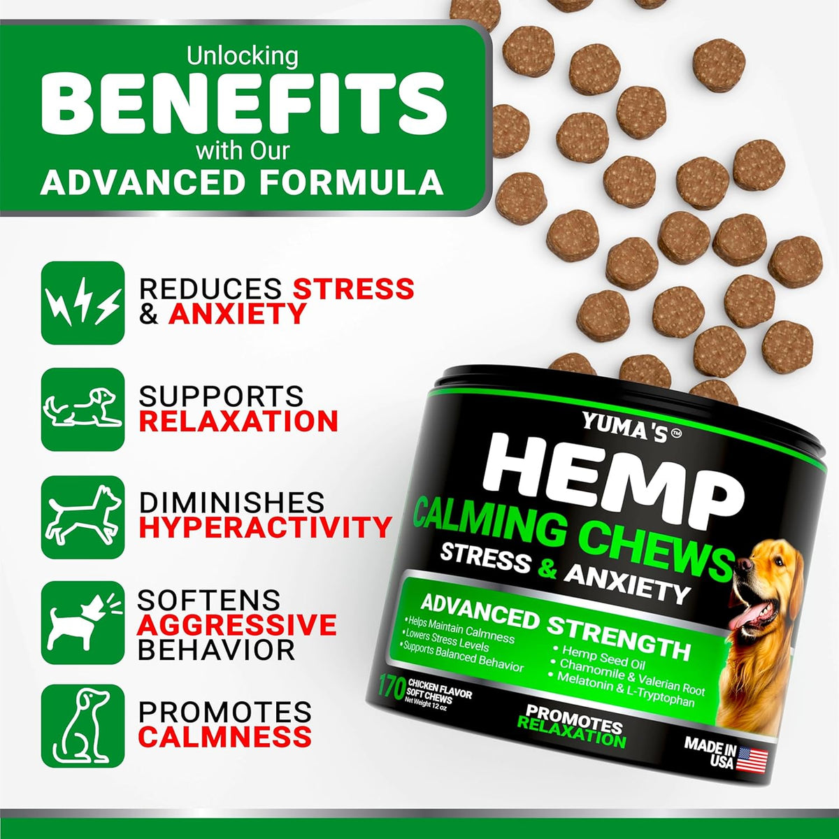 Hemp Calming Chews for Dogs - 170 Chews - Advanced Dog Calming Chews | Dog Anxiety Relief Treats - Separation, Barking, Stress & Thunderstorms - Melatonin, Hemp Oil, Valerian Root - Made in USA