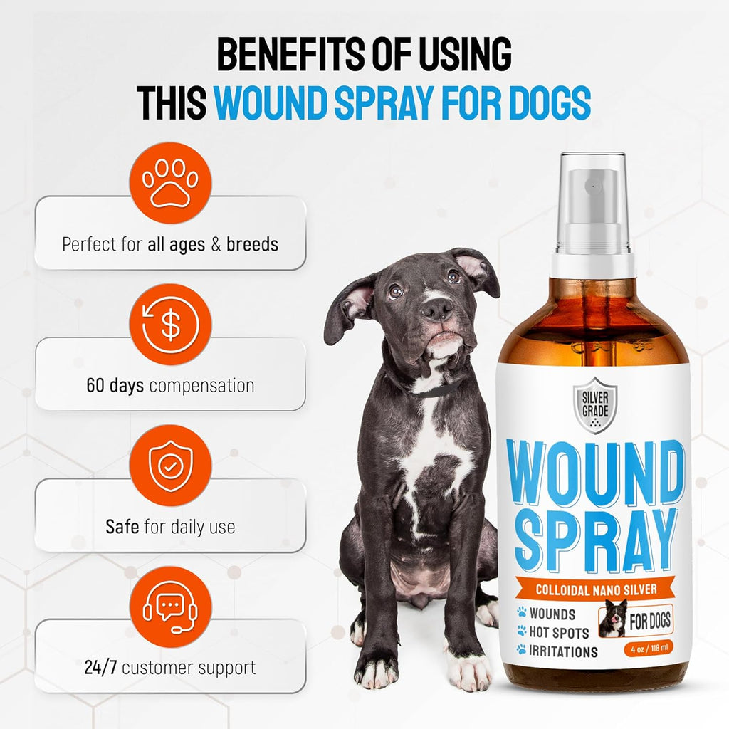 SILVER GRADE Dog Wound Spray Helps with Hot Spots, Irritations, Bites, Burns, Rashes, Itch, Scratching – Better Use with a Dog Cone to Stop Licking – Safe for Large and Small Breeds – 4 oz