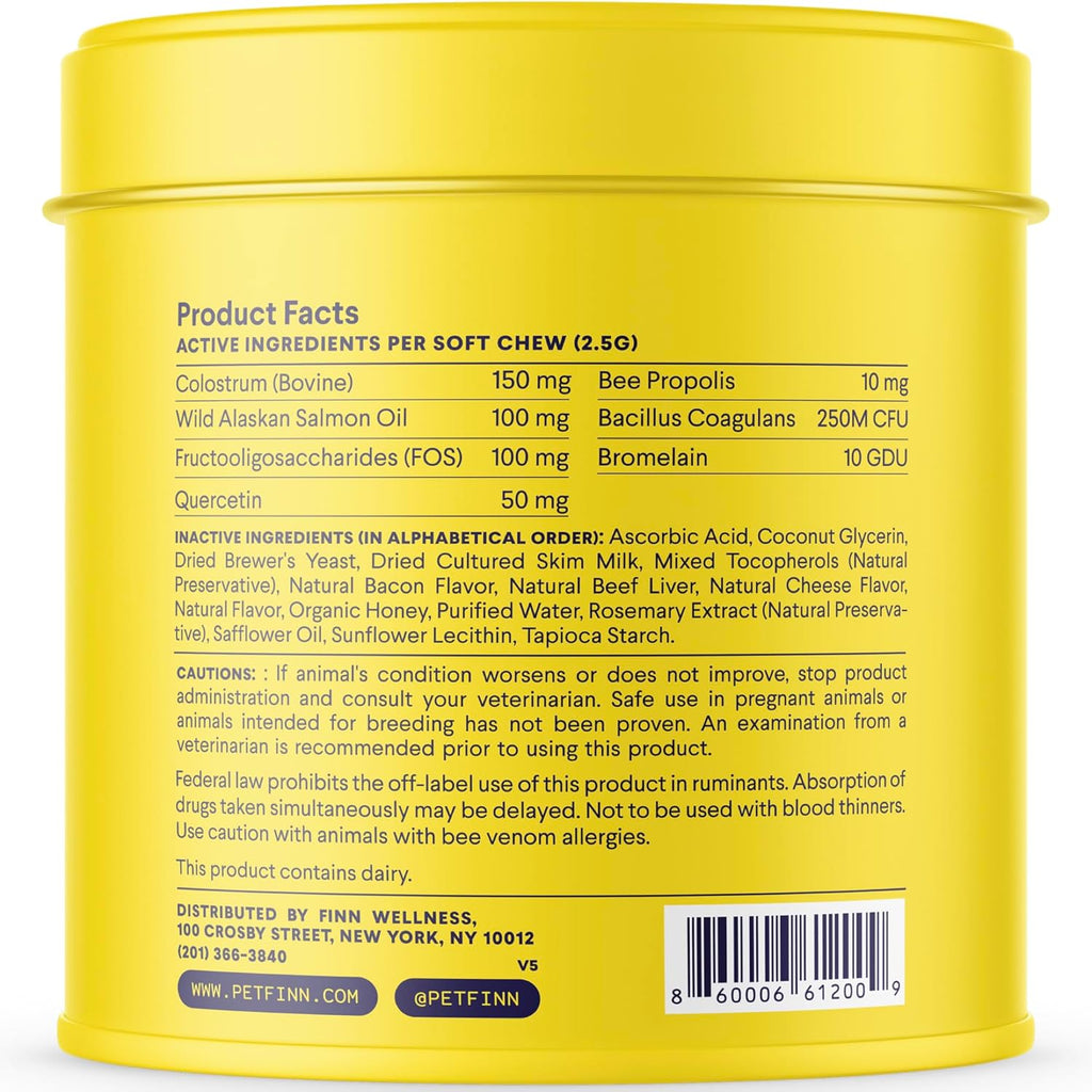 Finn Allergy & Itch Soft Chews for Dogs - Colostrum & Bee Propolis - 90 Ct | Quercetin & Probiotics - NASC Certified - Vet-Formulated - Seasonal & Environmental Allergy Relief