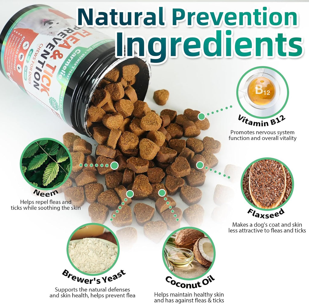 Carmelie Flea and Tick Prevention for Dogs Chewables, 200 Soft Chews | Natural Dog Flea and Tick Chewables, Oral Flea Supplement for Dogs, Puppy Flea Support - All Breeds & Ages - Chicken Flavor