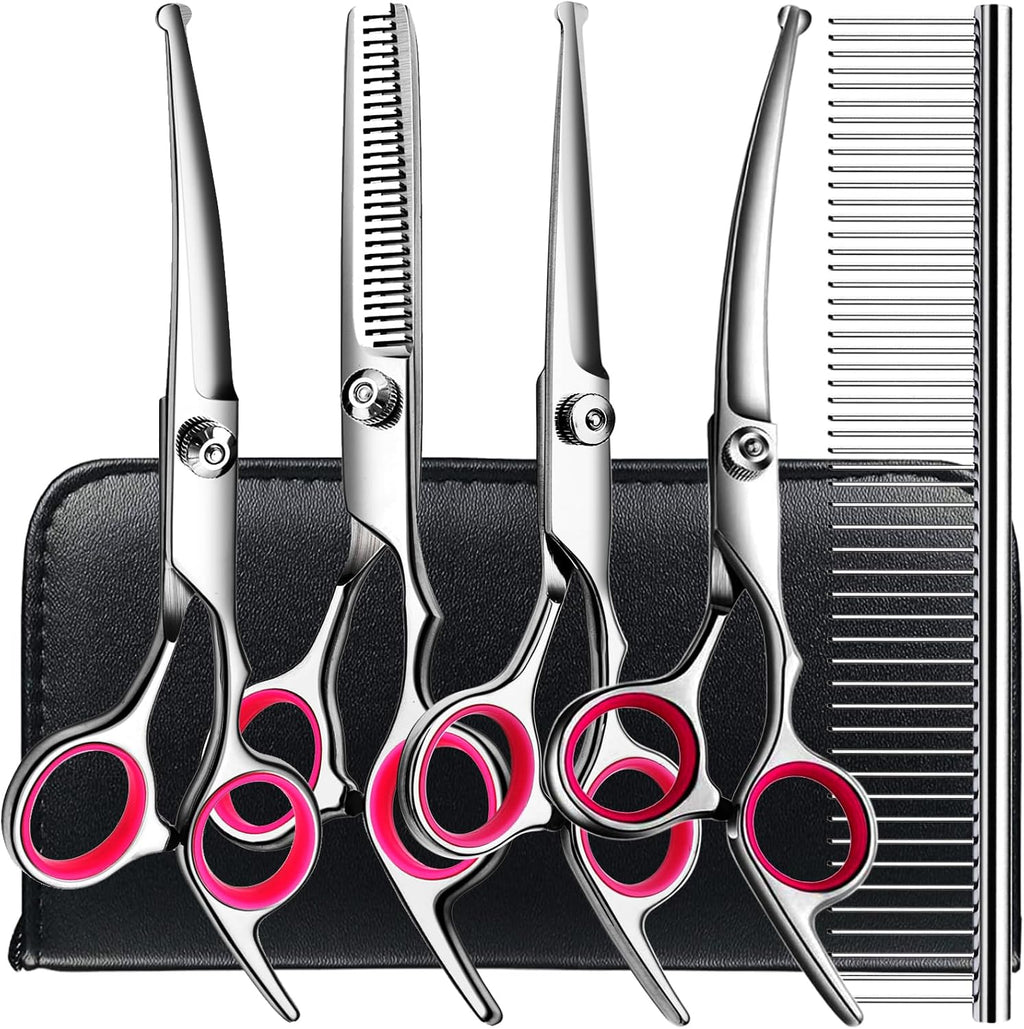 TINMARDA Dog Grooming Kit, Professional Stainless Steel Dog Grooming Scissors with Curved Shears, Pink Finger Rings - 4 Piece Sharp Durable Pet Shears for Dogs Cats At Home Salon-Quality Grooming