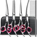 TINMARDA Dog Grooming Kit, Professional Stainless Steel Dog Grooming Scissors with Curved Shears, Pink Finger Rings - 4 Piece Sharp Durable Pet Shears for Dogs Cats At Home Salon-Quality Grooming