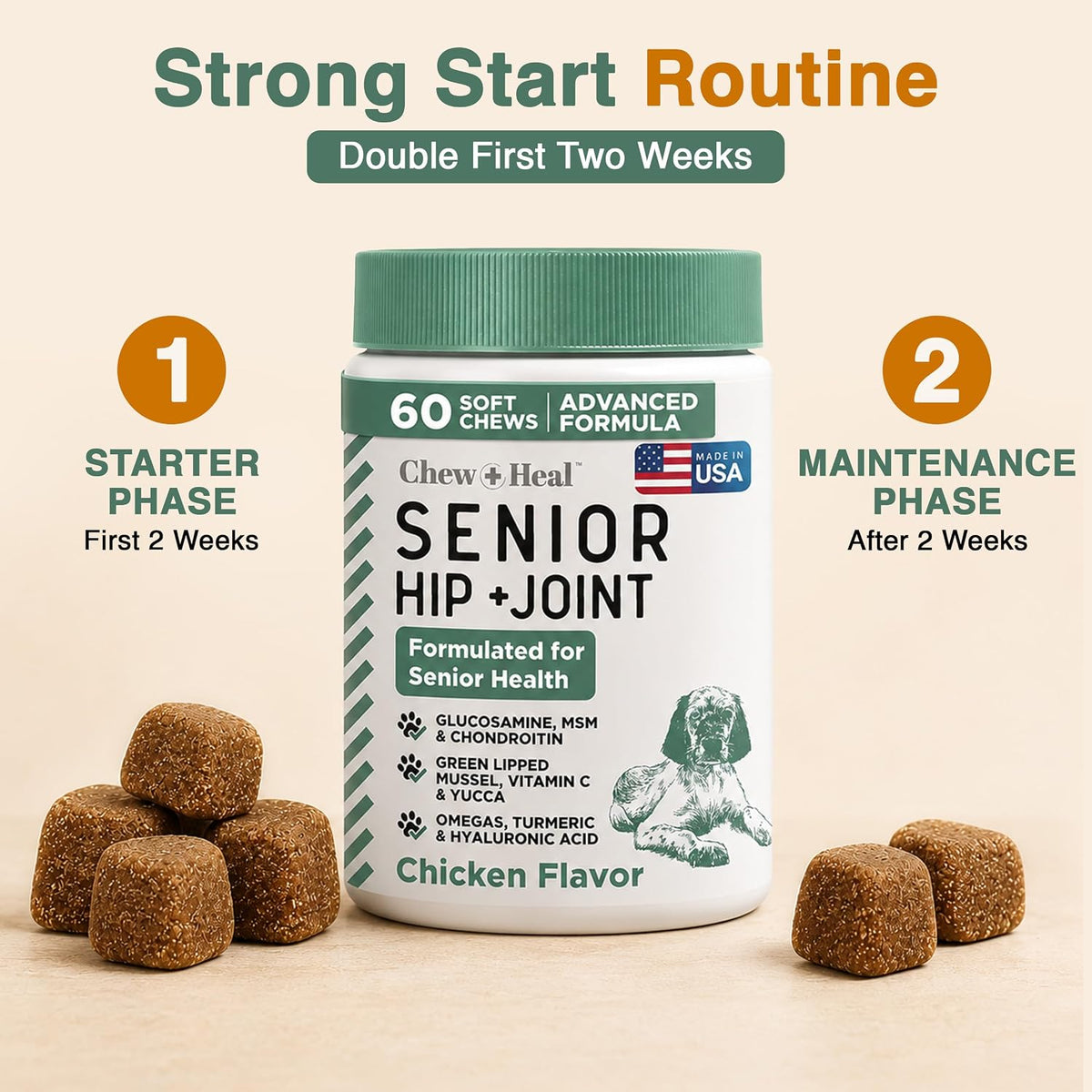 Glucosamine for Senior Dogs Hip and Joint Supplement, 60 Mobility Chews | Made with Glucosamine, MSM, Chondroitin, Green Lipped Mussels and More