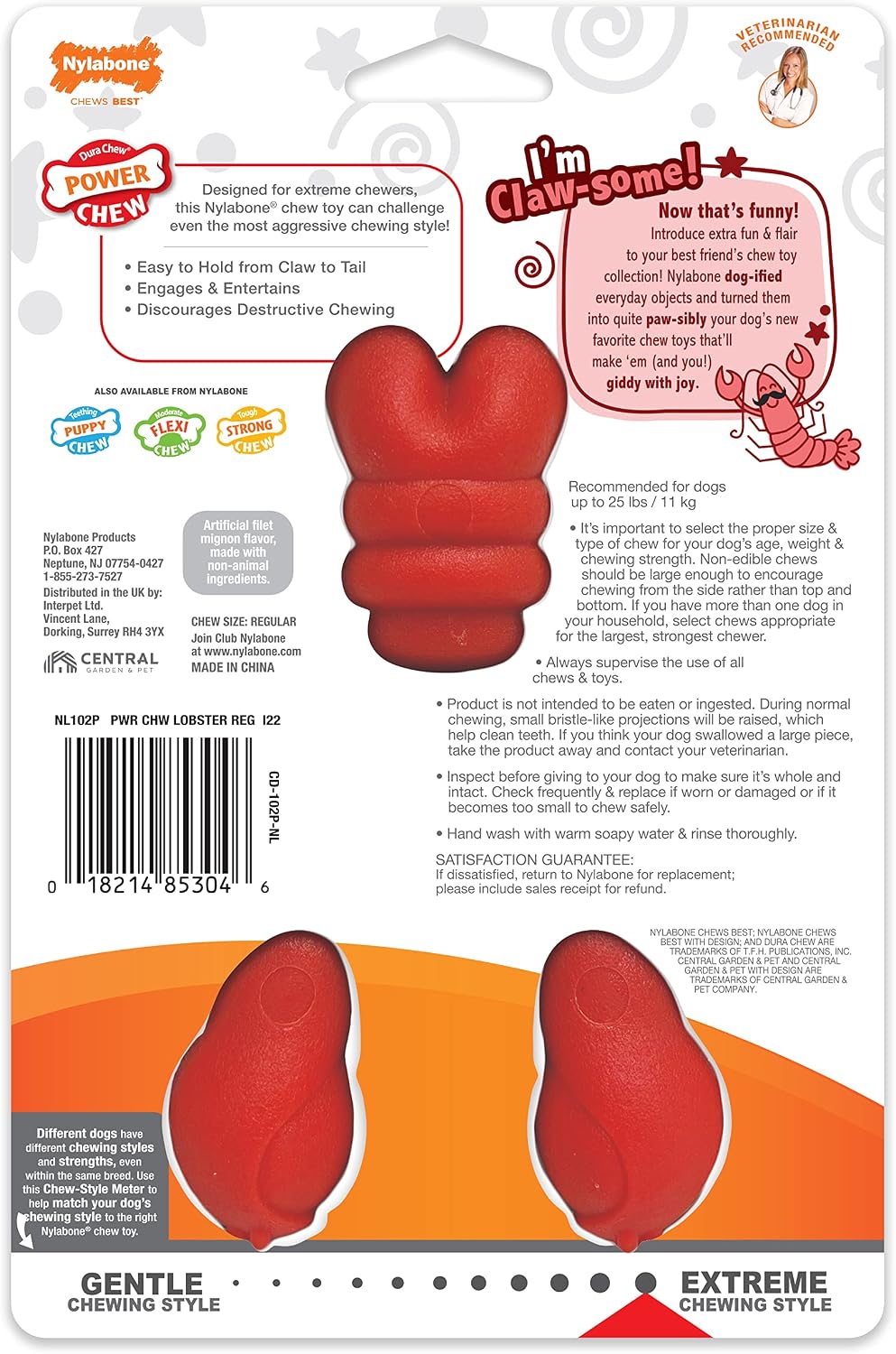 Nylabone Lobster Power Chew Toy for Dogs, Dog Toys for Aggressive Chewers | Lobster dog toy for small dogs up to 25 lbs, designed for power chewers, filet mignon flavor