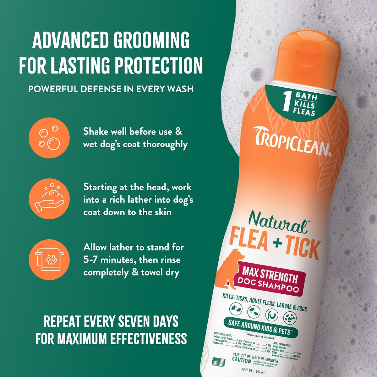 TropiClean Flea and Tick Shampoo for Dogs, Max Strength Formula, 20oz | Powerful & Natural Defense | Flea & Tick Prevention | For Large & Small Dogs | Made in USA