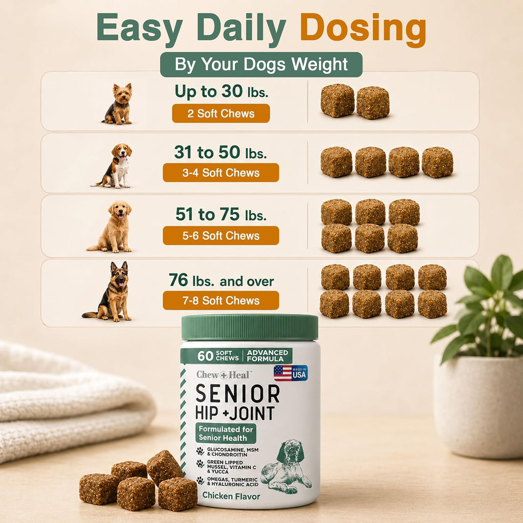 Glucosamine for Senior Dogs Hip and Joint Supplement, 60 Mobility Chews | Made with Glucosamine, MSM, Chondroitin, Green Lipped Mussels and More