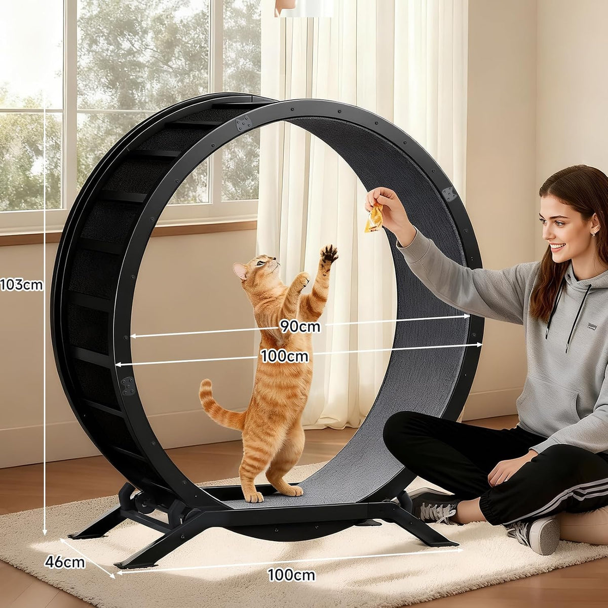 GTPLAYER Cat Wheels, 40" Diameter, Large Cat Exercise Wheel for Indoor Cats cat Treadmill Metal with Detachable Carpet & Teaser/Stickers, Ultra-Quiet Scroll Wheel with Latch, Safe and Stable, Grey