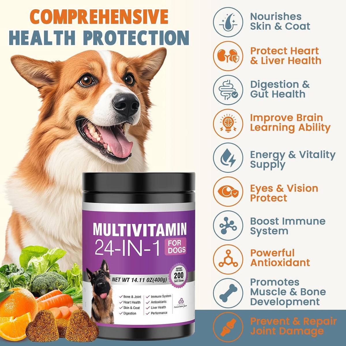 24-in-1 Dog Vitamins and Supplements 200 Ct Dogs Multivitamin Chewable Contain Chondroitin Probiotics Omega-3 Glucosamine for Dogs Skin Coat Heart Joint Gut Liver Brain Immune Support - Peanut Butter