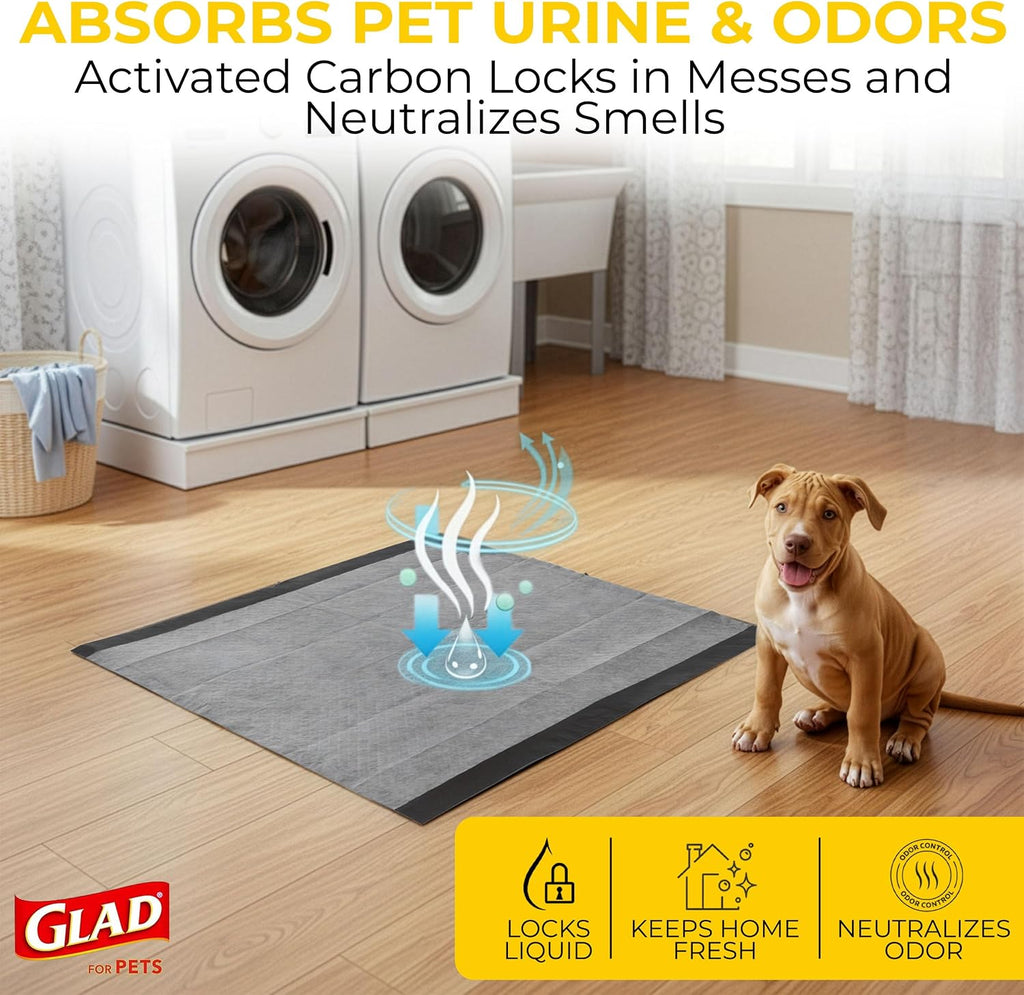 Glad for Pets Activated Carbon Disposable Dog Training Pads, 100 Count | Ideal for puppies, senior dogs, incontinence, and post-surgery, ultra-absorbent, keeps floors & crates dry, 23 x 23 in