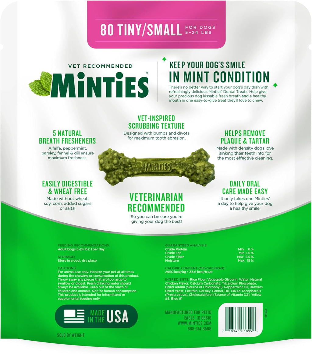 Minties Dog Dental Bone Treats, Tiny/Small Dental Dog Treats, Clean Teeth, Fight Bad Breath, Removes Plaque and Tartar, 80 Count