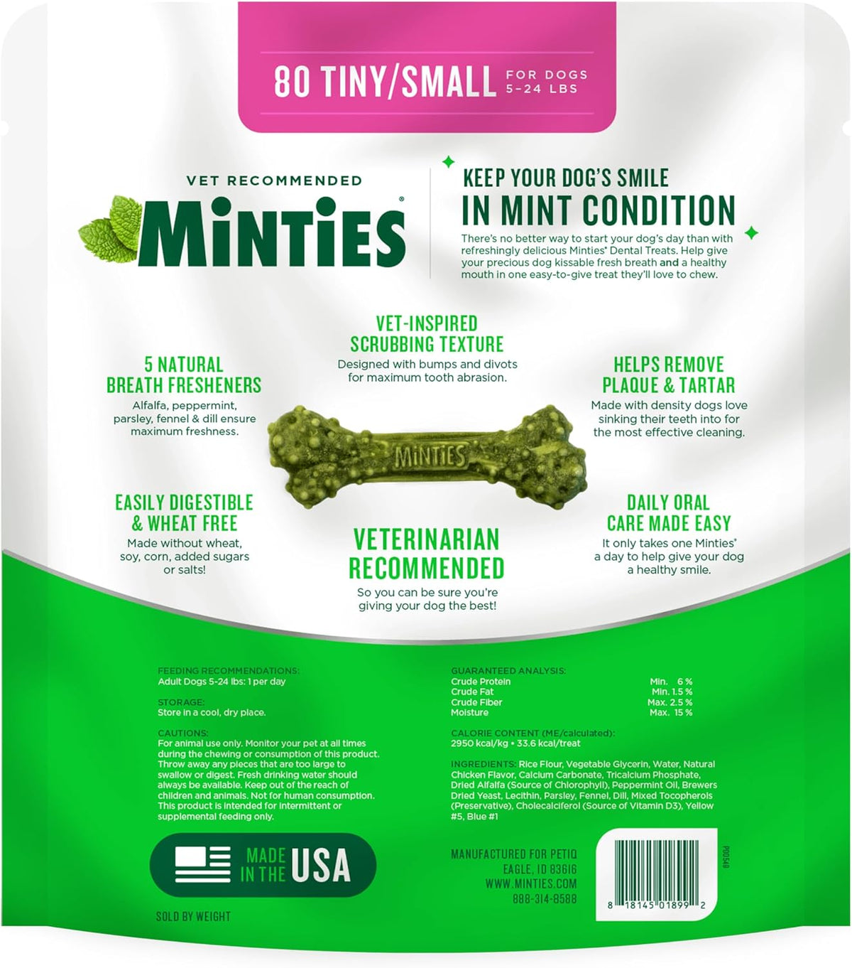 Minties Dog Dental Bone Treats, Tiny/Small Dental Dog Treats, Clean Teeth, Fight Bad Breath, Removes Plaque and Tartar, 80 Count