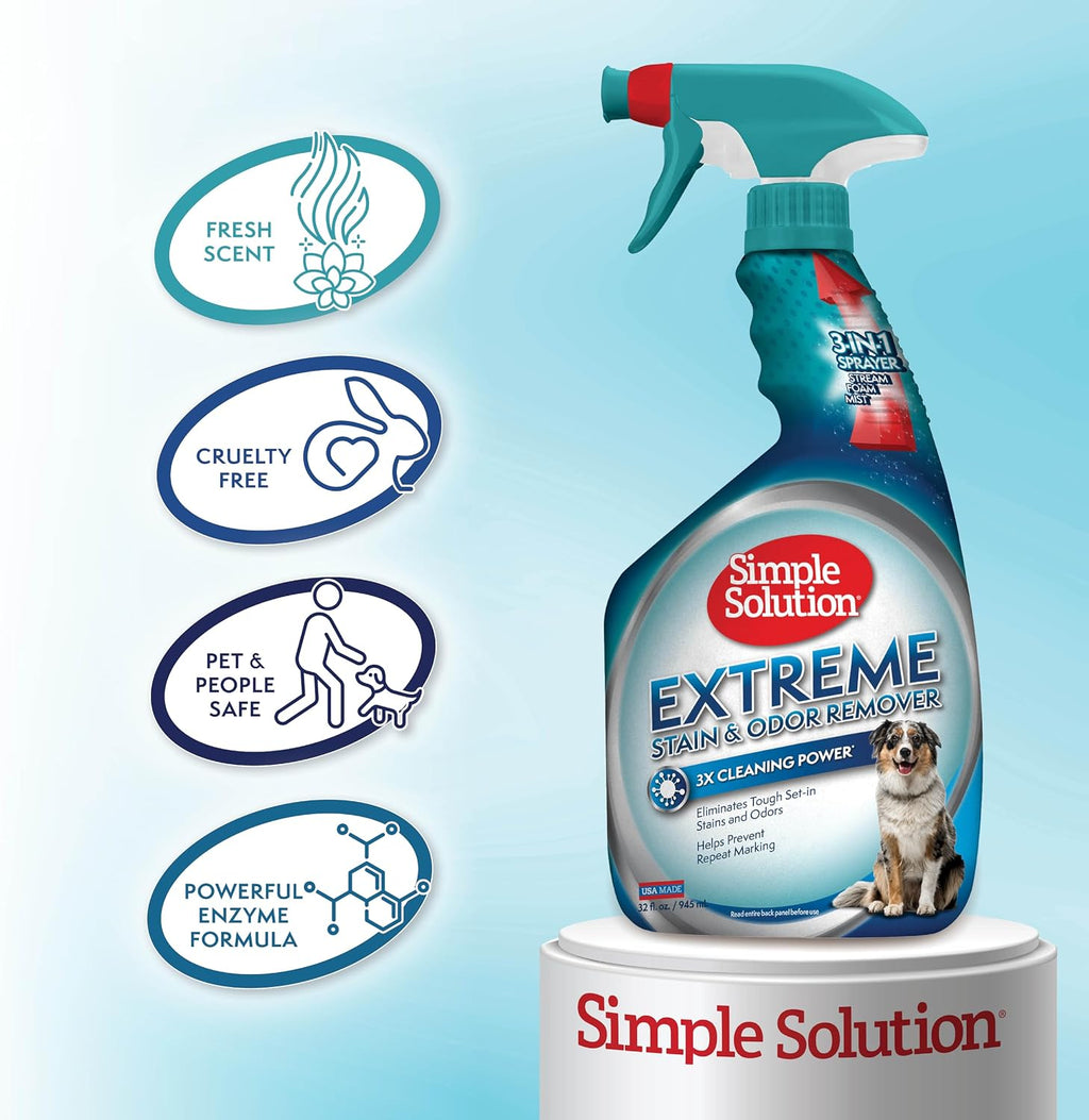 Simple Solution Extreme Stain & Odor Remover, Enzyme Stain Cleaner, 32oz | Dog Stain & Odor Remover, Pet Urine Enzyme Cleaner, Dog Urine Carpet Cleaner, Carpet Spray Cleaner, Pet Odor Eliminator