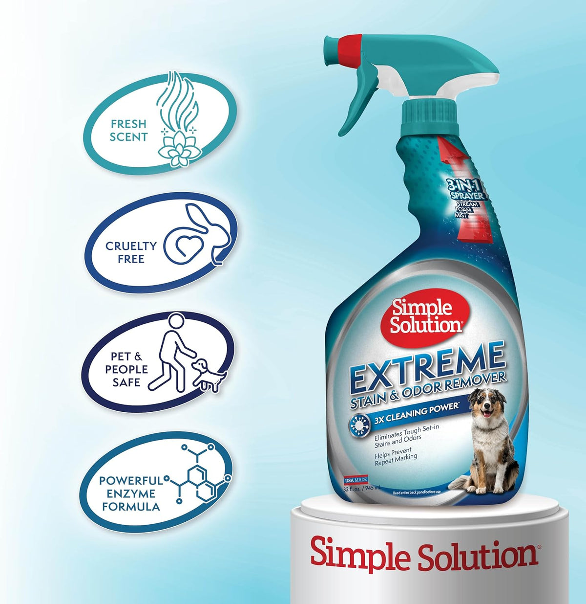 Simple Solution Extreme Stain & Odor Remover, Enzyme Stain Cleaner, 32oz | Dog Stain & Odor Remover, Pet Urine Enzyme Cleaner, Dog Urine Carpet Cleaner, Carpet Spray Cleaner, Pet Odor Eliminator