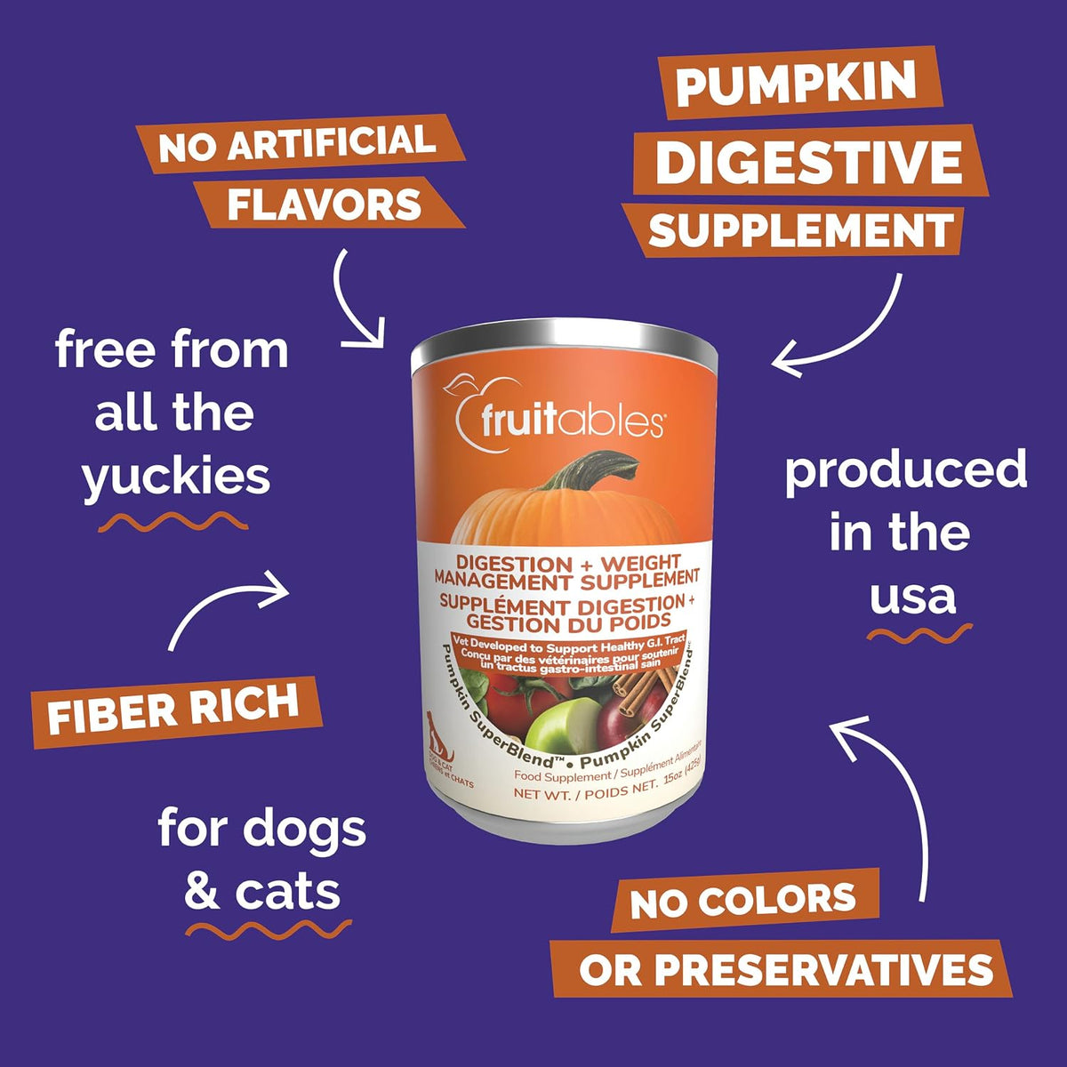 Fruitables Pumpkin Digestive Supplement, Fiber Supplement for Dogs, 15oz | Pumpkin Puree for Dogs, Dog Food Topper, Pumpkin Food Topper, Digestive Health, Fiber Supplement, Superfoods, Pet Nutrition