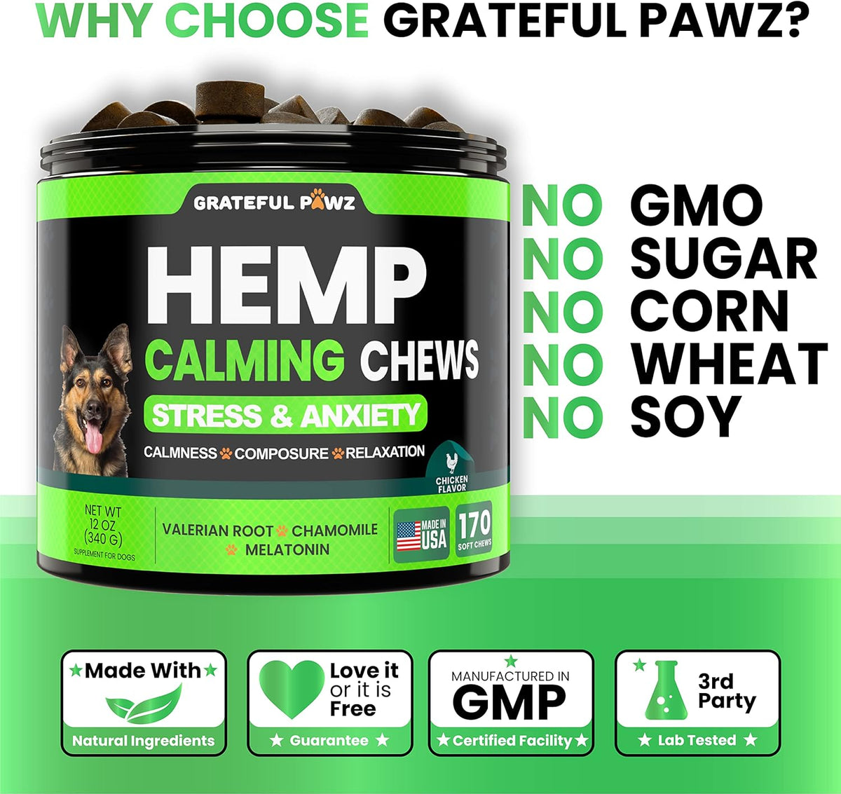 Hemp Calming Chews for Dogs - Dog Calming Chews, 170 Anxiety Relief Treats | Calming Treats with Hemp Oil - Sleep Aid - Advanced Health Hip & Joint Support Supplement Health & Wellness, Made in USA