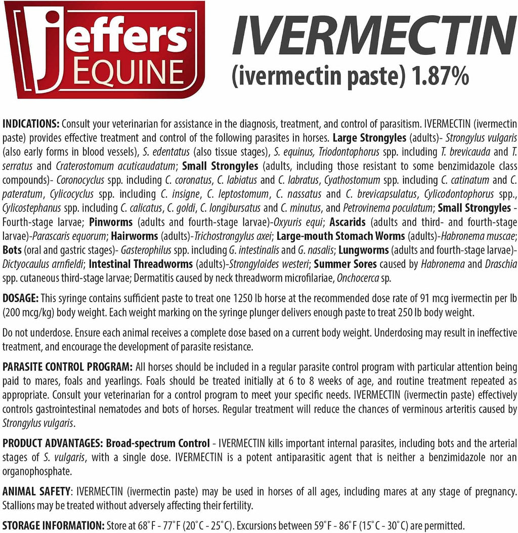 Jeffers 1.87% Ivermectin Gel Dewormer for Horses | Apple Flavored | 1 Pack