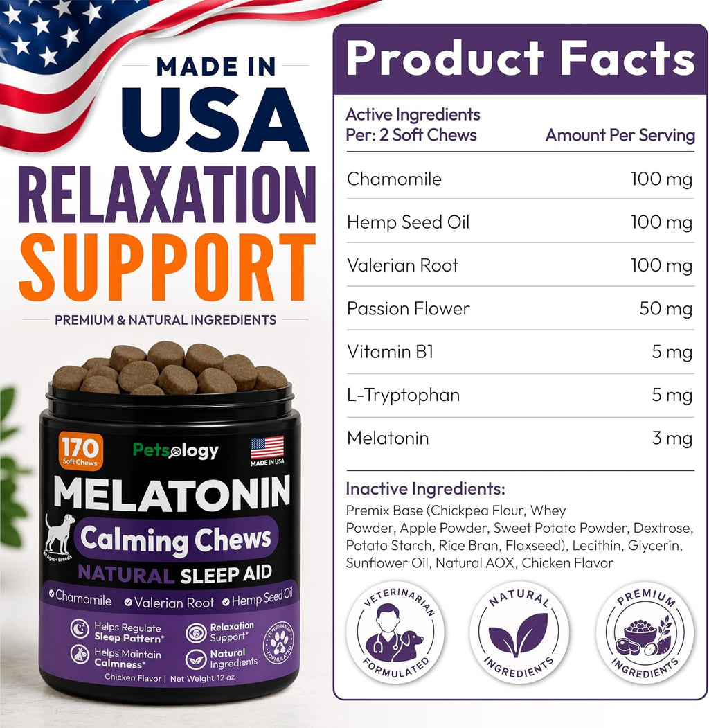 Melatonin for Dogs - 170 Dog Melatonin Calming Chews for Small & Large Dogs | Natural Hemp Dog Sleep Aid - Puppy Sleeping Pills for Anxiety, Stress, Separation, Barking & Fireworks - Made in USA