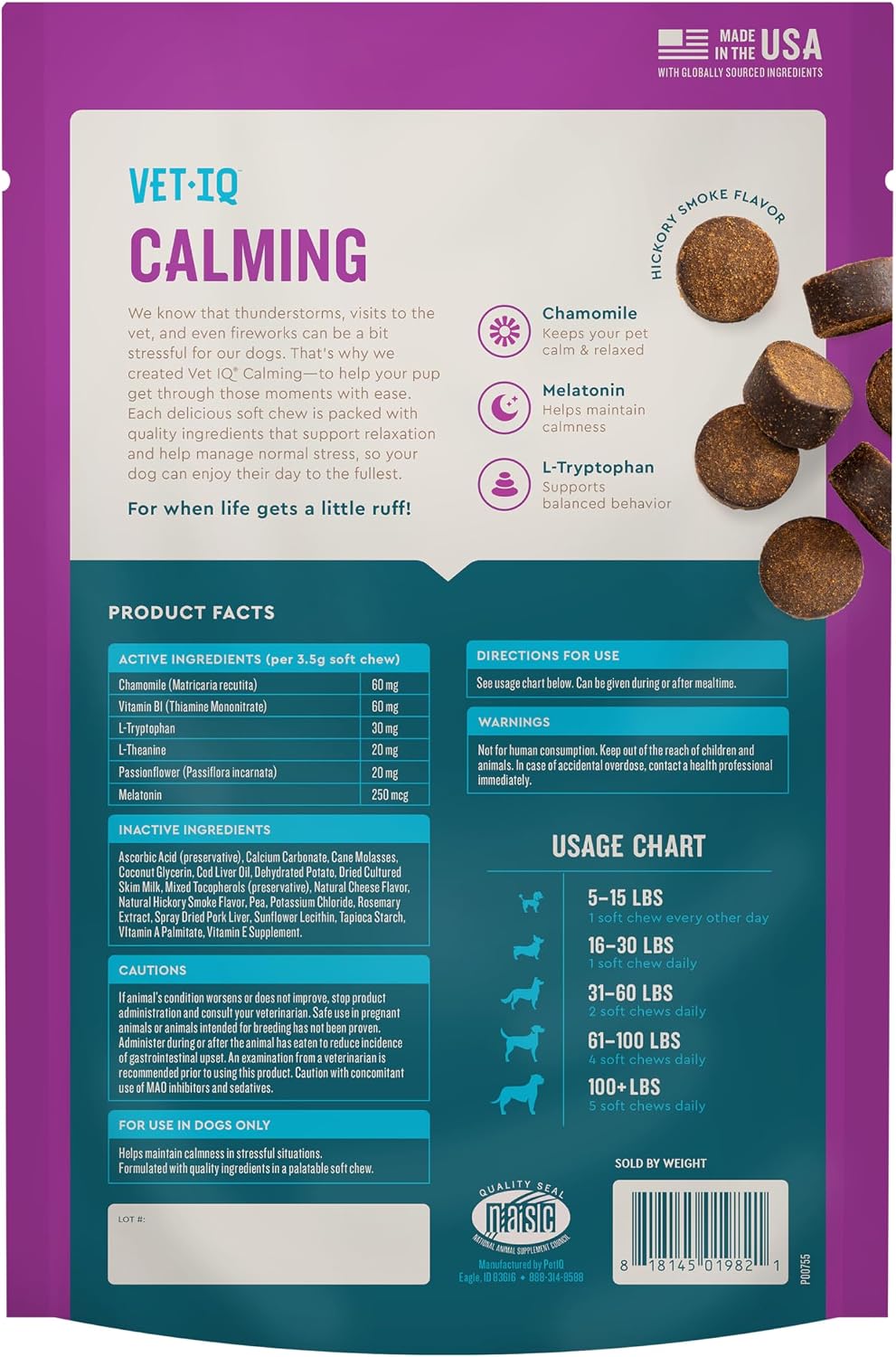 VetIQ Calming Support Supplement, Calming Chews for Dogs Help Manage Stress and Promote Relaxation, Anxiety Relief for Dogs, Made in the USA, 60 Count | Helps manage stress & promote relaxation; daily calming supplement chew; made in USA; ideal for storms
