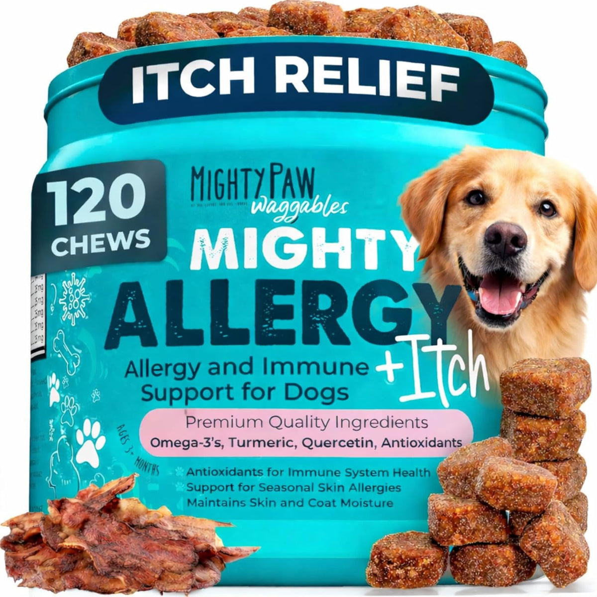 Mighty Paw Dog Allergy Chews, Itch Relief & Immune Support, 120ct | Bacon Flavor, Supports Normal Immune Health, Seasonal Skin Support, Vet Formulated, Made in USA
