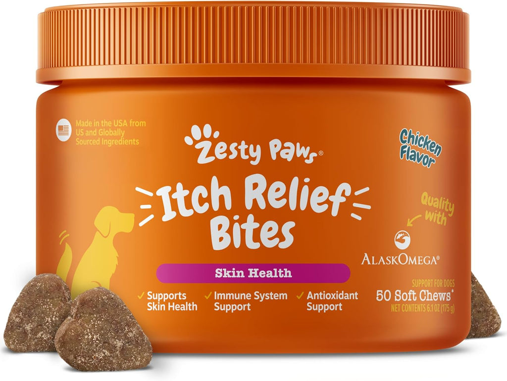 Zesty Paws Dog Itch Relief Chews - Omega-3 Fish Oil for Dogs, Chicken, 90ct