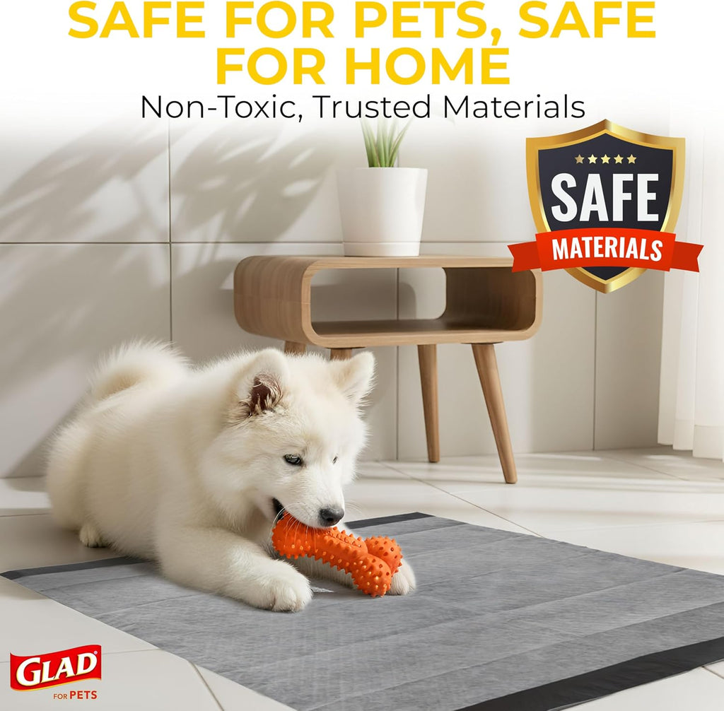 Glad for Pets Activated Carbon Disposable Dog Training Pads, 100 Count | Ideal for puppies, senior dogs, incontinence, and post-surgery, ultra-absorbent, keeps floors & crates dry, 23 x 23 in
