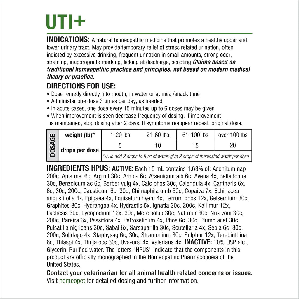 HomeoPet UTI+ Urinary Tract Supplement for Dogs and Cats, 15 Milliliters