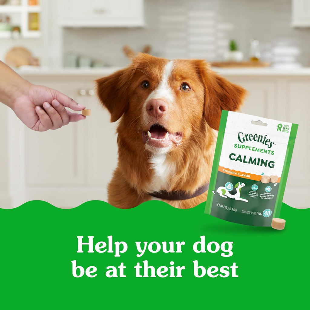 Greenies Supplements Calming Chews for Dogs, Chicken Flavor, 40 Count | L-Tryptophan & L-Theanine, supports positive behavior, made in USA, NASC Quality Seal, real chicken, no fillers