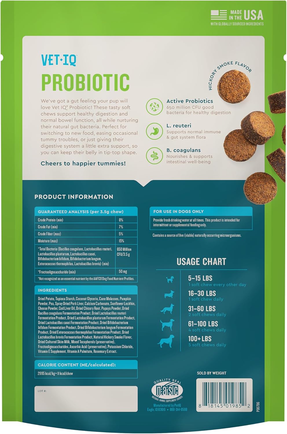 VetIQ Probiotic Supplement for Dogs, Dog Probiotics for Digestive Health, Nourishes Gut Bacteria and Supports Bowel Function, Hickory Smoke Flavor, Made in the USA, 60 Count | Nourishes gut bacteria & supports bowel function; daily digestive probiotic che